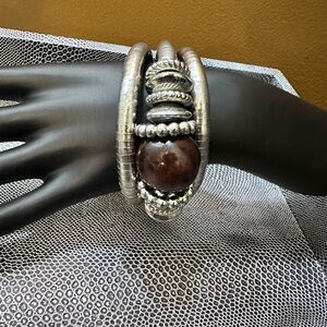 Vintage silver tone and wood spiral stretch bracelet.